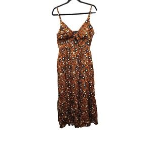 Gap Tie Front Cutout Women's L /P Maxi Dress Brown Micro Floral Batik Vibe Beach